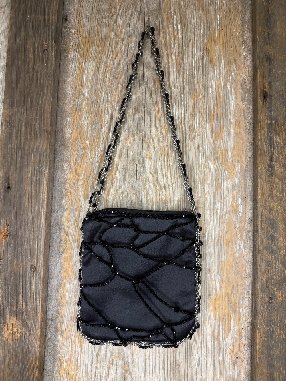 VTG Daniel Swarovski Paris Black Beaded Satin Evening Bag Purse Made in France